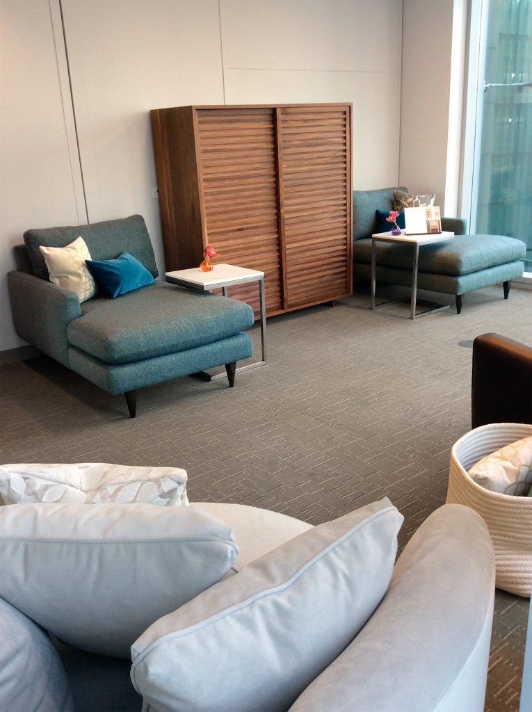 Moro cabinet, Jasper chaises, Parsons C-tables, Kori storage bin and Eos swivel chair.