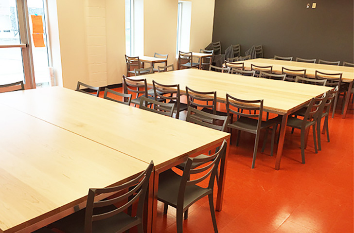 Break room with Portica tables and Sabrina chairs