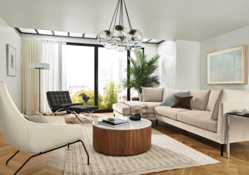Living room with vela sofa, seville chair and rhodes lounge chair.