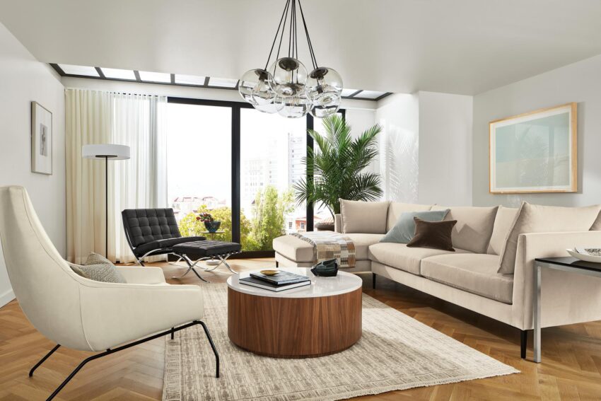 Living room with vela sofa, seville chair and rhodes lounge chair.