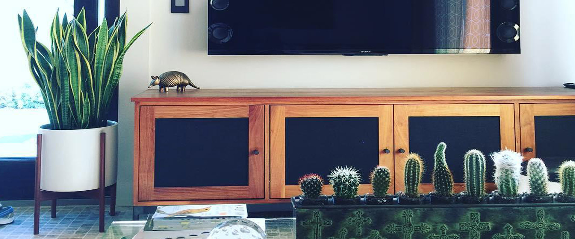 Linear media storage stand in living room