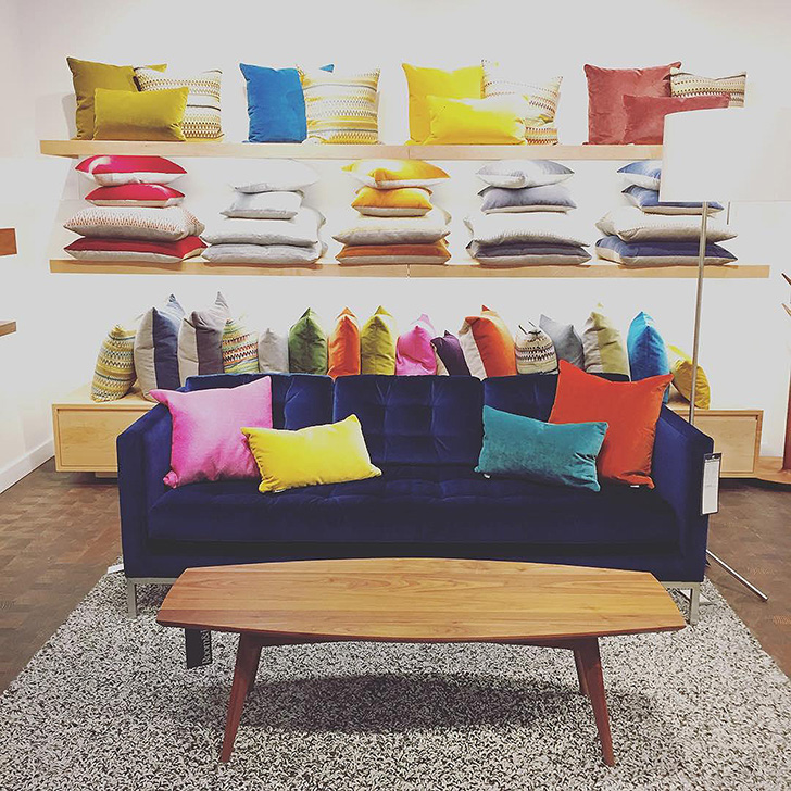 Velvet pillows on velvet sofa