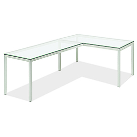 Portica stainless steel L-shaped desk with white glass top