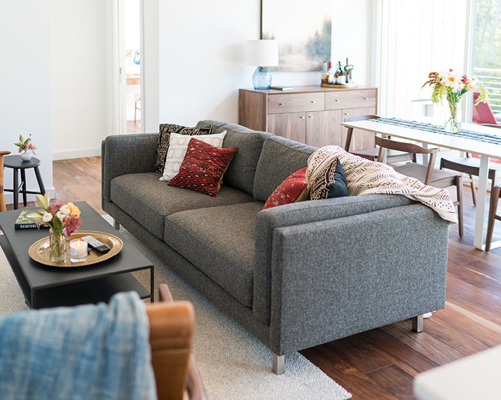 Cade sofa and Slim coffee table in Theron's living room