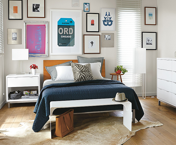 Copenhagen bed with cowhide rug