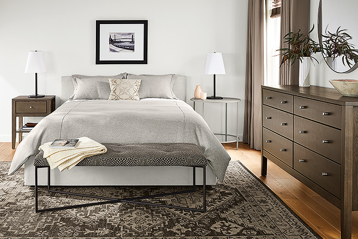 Modern guest room with full Wyatt upholstered bed
