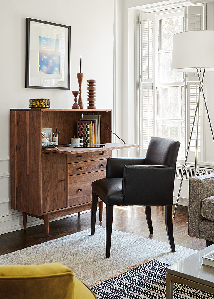 Grove office armoire with drop-down desk and Marie leather arm chair