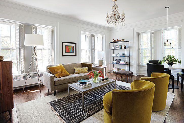 Classic condo living room with Reese sofa and Otis swivel chairs