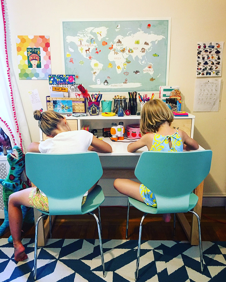 Shared kids homework space featuring Moda desk and Pike chairs
