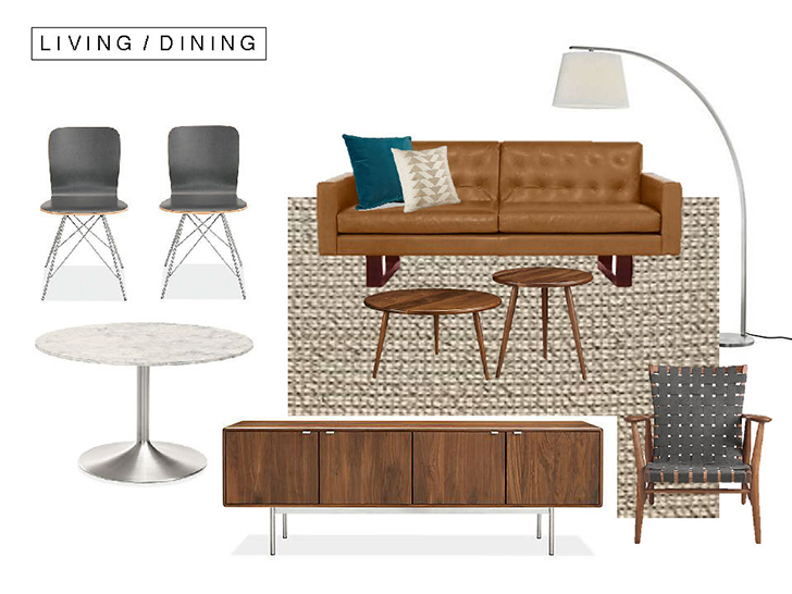 Mid-century modern furniture for a small space living and dining room