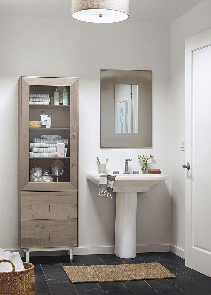Tall Hudson custom cabinet in shell with one glass door and two drawers