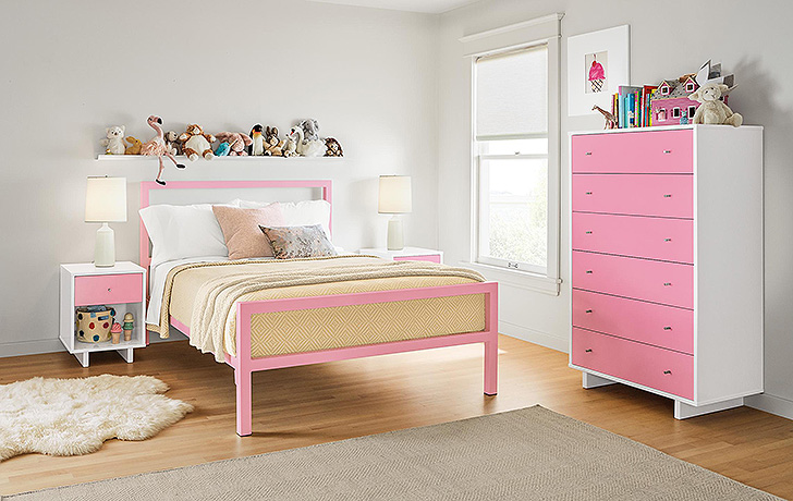 Pink parsons kids bed and pink Moda dresser