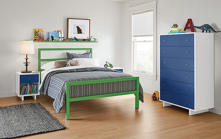 Green Parsons kids bed and Blue moda dresser