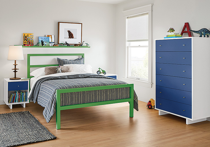 kids storage ideas: Parsons kids green full bed and blue moda kids dressers and nightstands