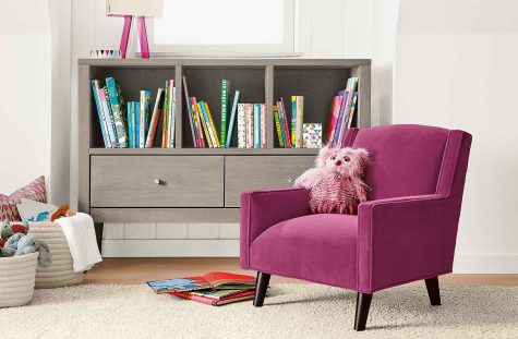 Calvin kids storage cubby in shell and tilly kids chair in fuschia