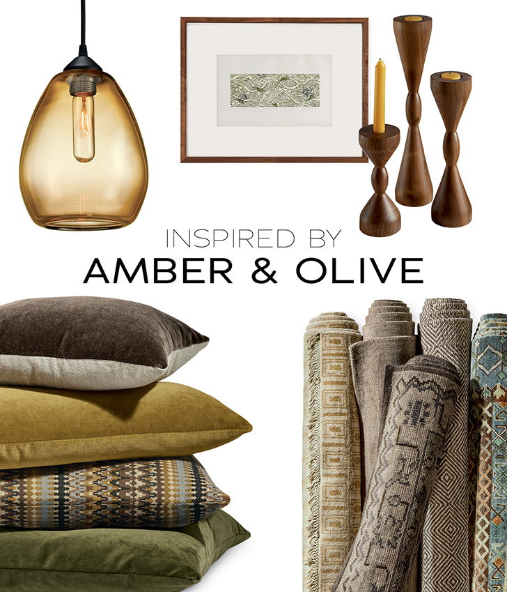 Collage of amber and olive home decor