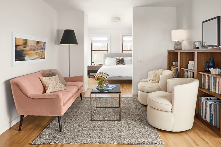 Small space Murphy sofa in blush velvet fabric