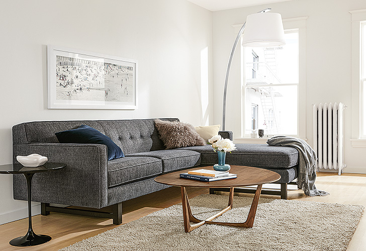 Mid-century modern Andre sofa with reversible chaise in small space living room