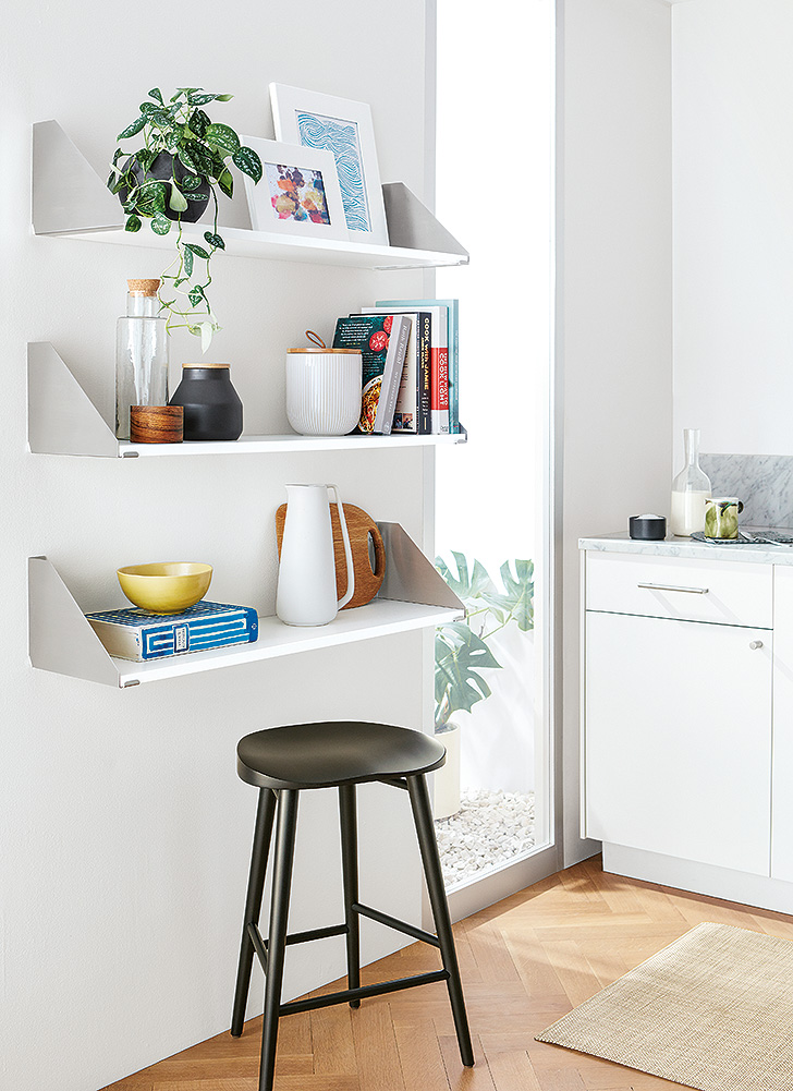Sturdy Bradbury kitchen shelves feature a mix of materials and storage for kitchen items and decor