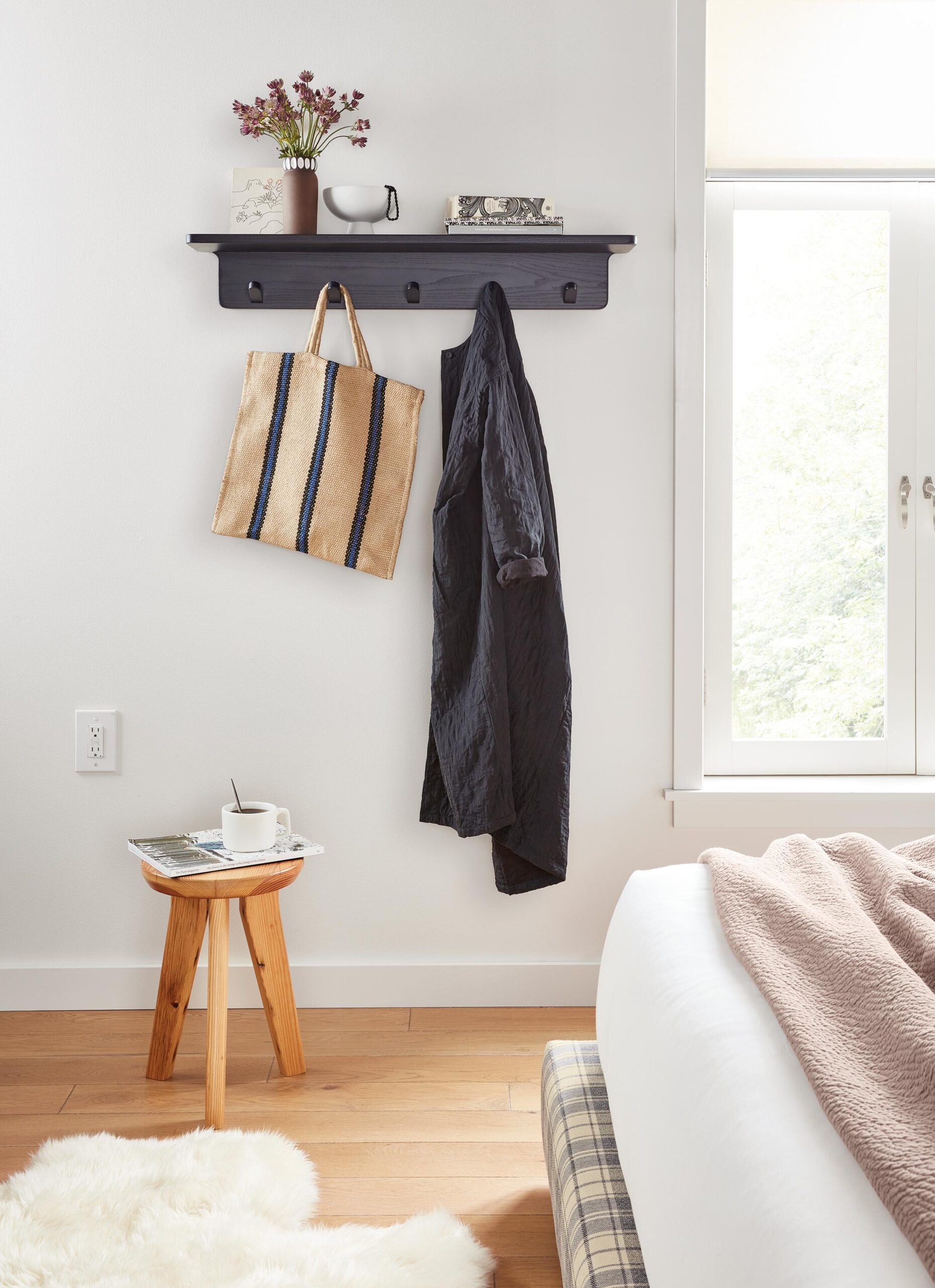 Bedroom with Enzo wall shelf in charcoal on ash.