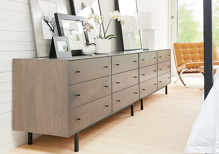 Modern Hudson wood dressers with steel Profile picture frames on top