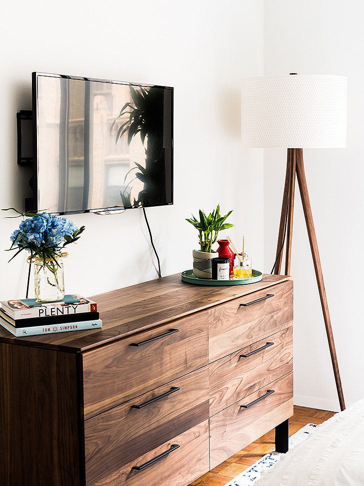 Modern wood dresser and floor lamp