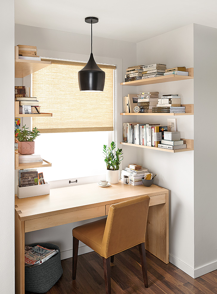 Wood Mantel wall shelves provide storage in a small space office