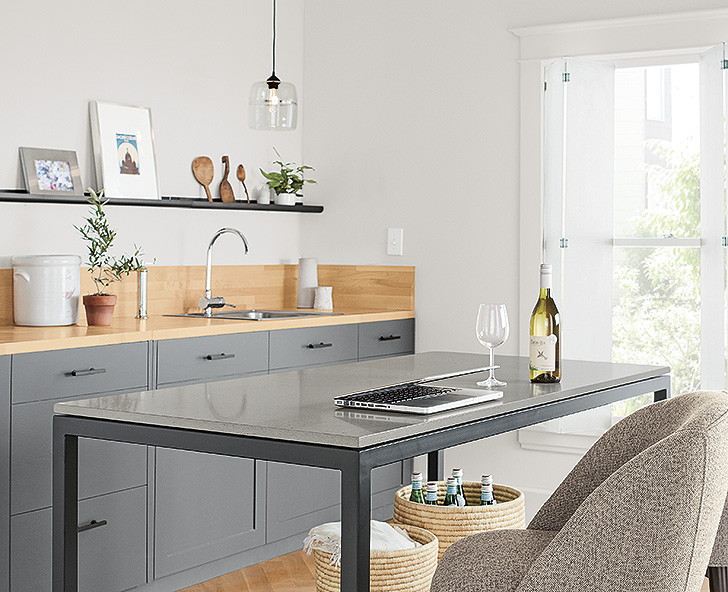 Natural steel Trace kitchen shelves provide storage and decor