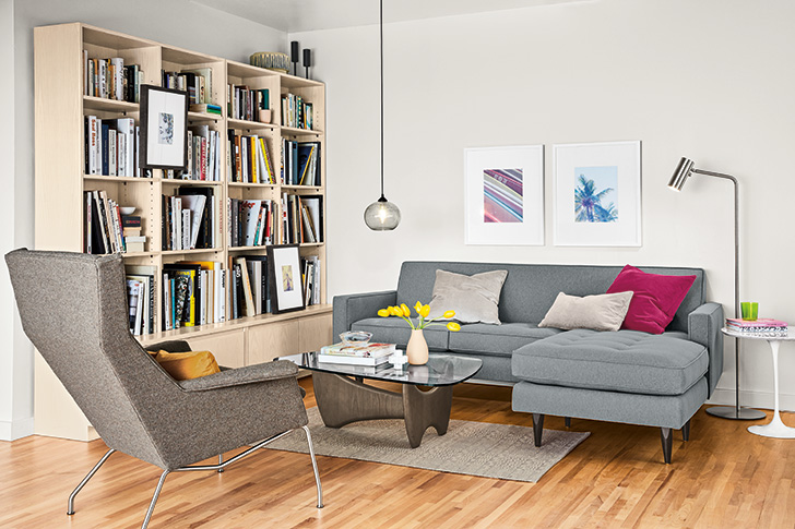 Small space living room featuring button-tufted Reese sofa with reversible chaise