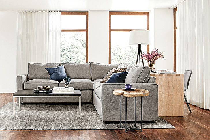 Modern light grey L-shaped York sectional in small space