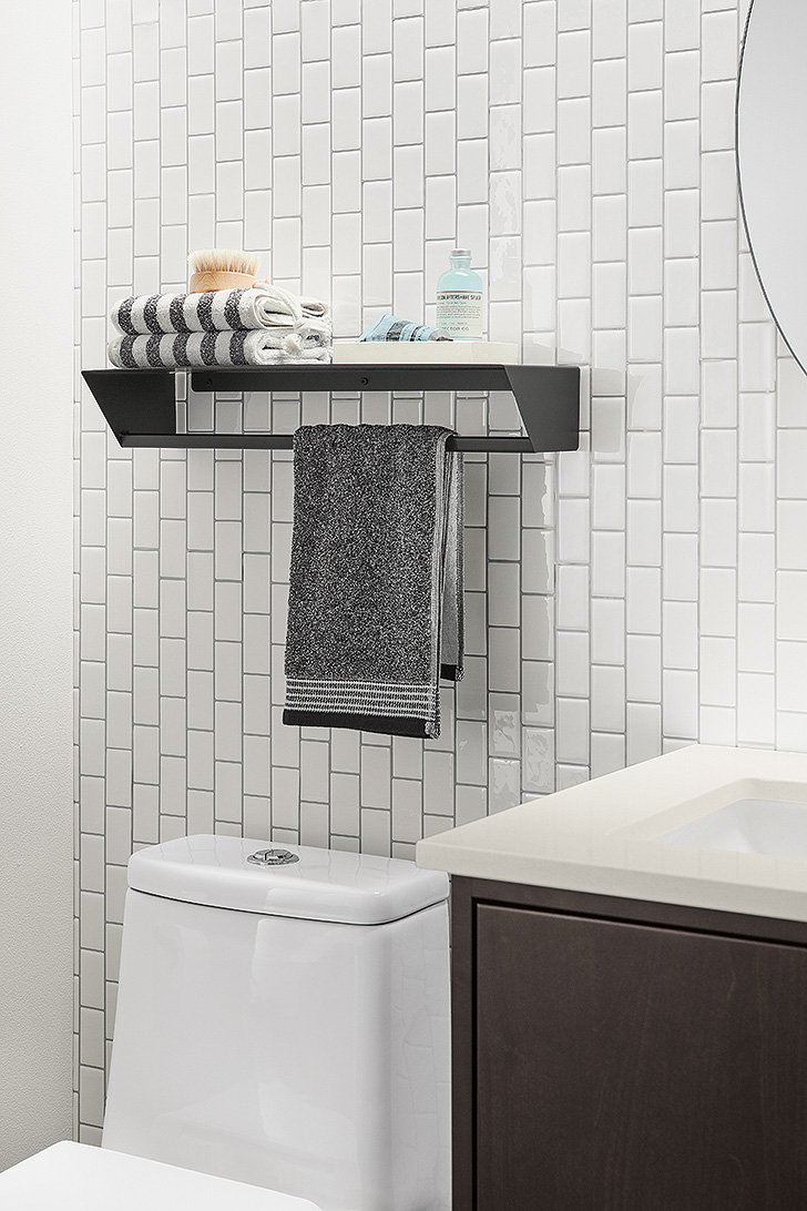 Modern bathroom featuring Slim towel rack with shelf