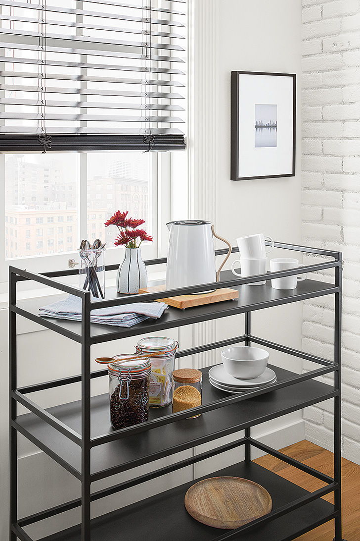Slim natural steel bar cart with coffee beverages