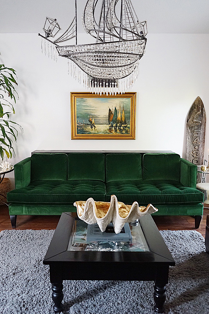 Velvet green sofa in Nichol Naranjo's living room