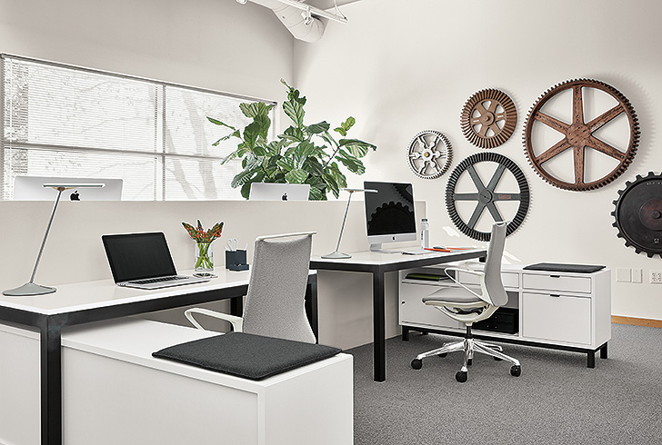 Multi-desk benching systems work station with Parsons desks and Copenhagen storage file benches in white