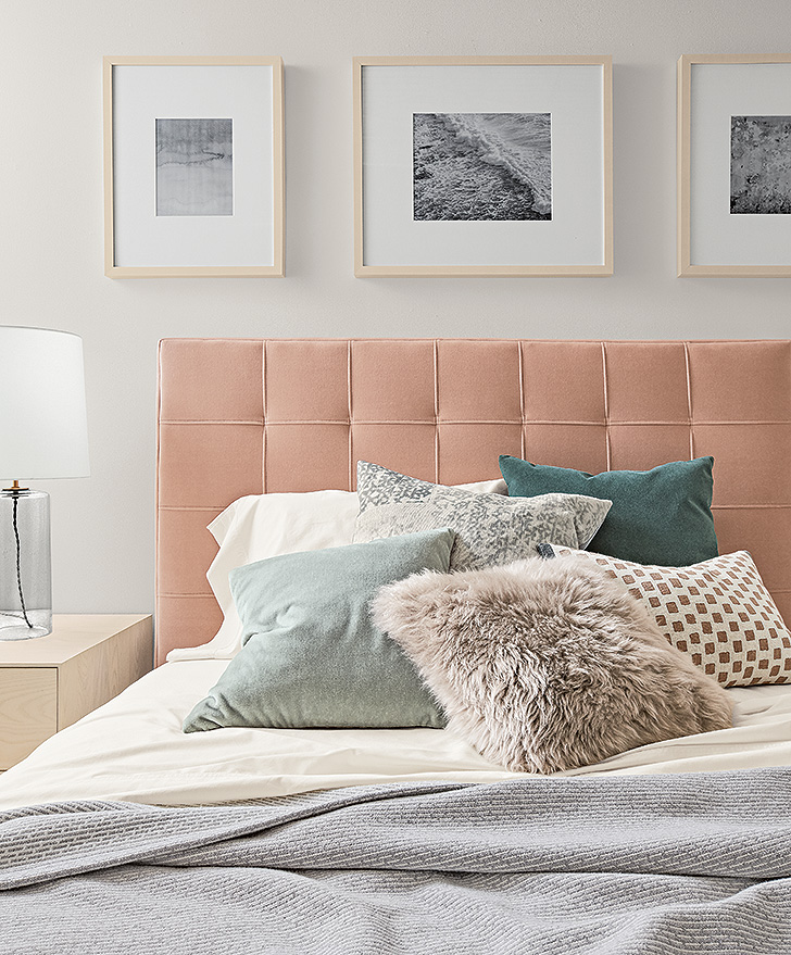 Upholstered millennial pink velvet Avery bed