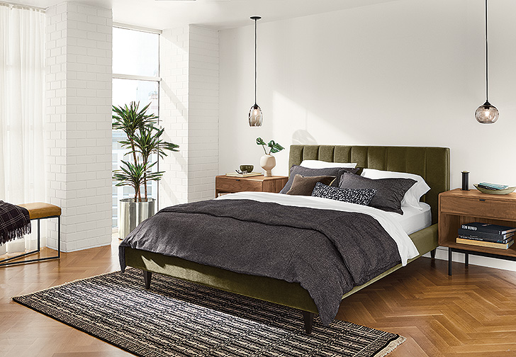 Upholstered velvet green Hartley bed