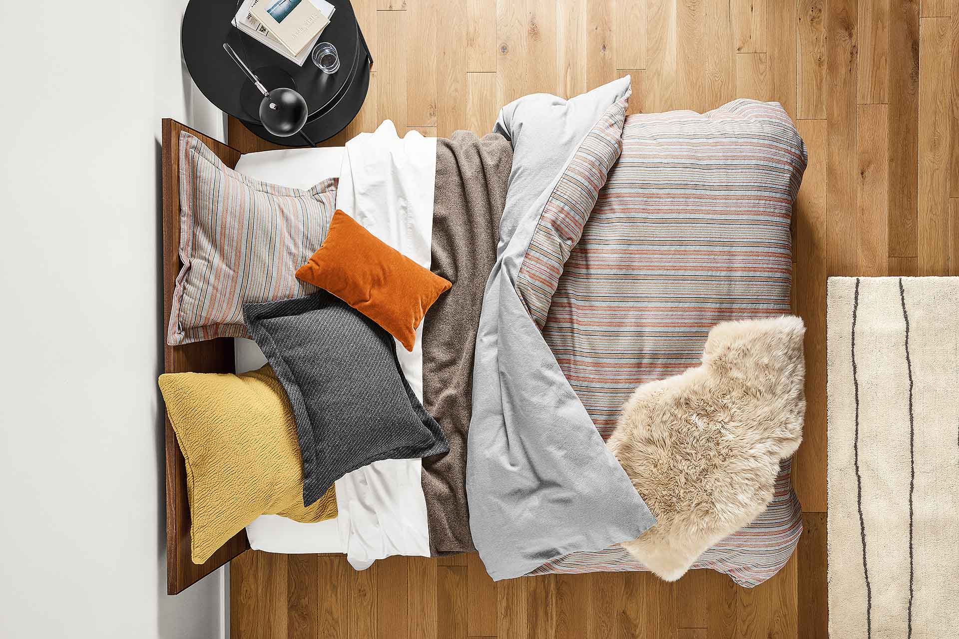 modern yellow, orange and brown bed