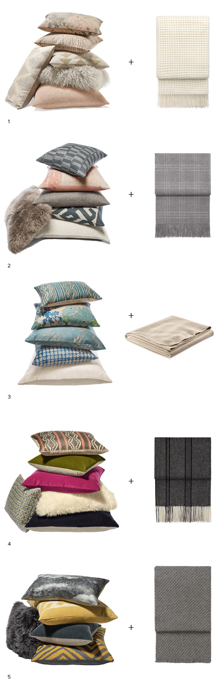 Throw and pillow pairings for different color schemes