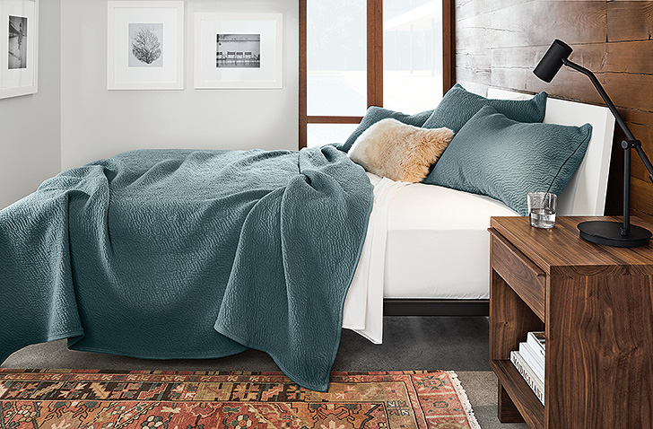 modern teal coverlet and shams