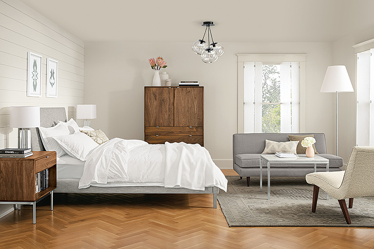 Modern bedroom lighting includes Humboldt chandelier, Soria floor lamp and Alexa table lamps