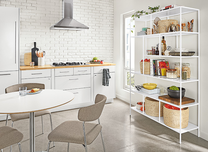 Foshay white open storage in small modern kitchen