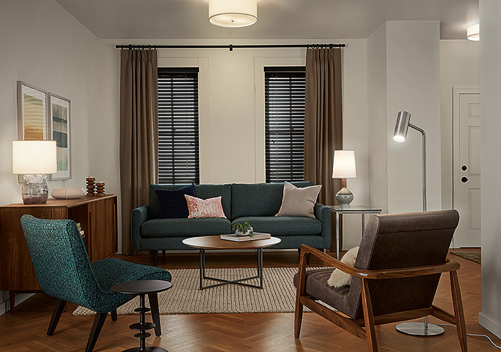 Modern living room lighting includes the Chronicle floor lamp, Grace table lamp and Rayas table lamp