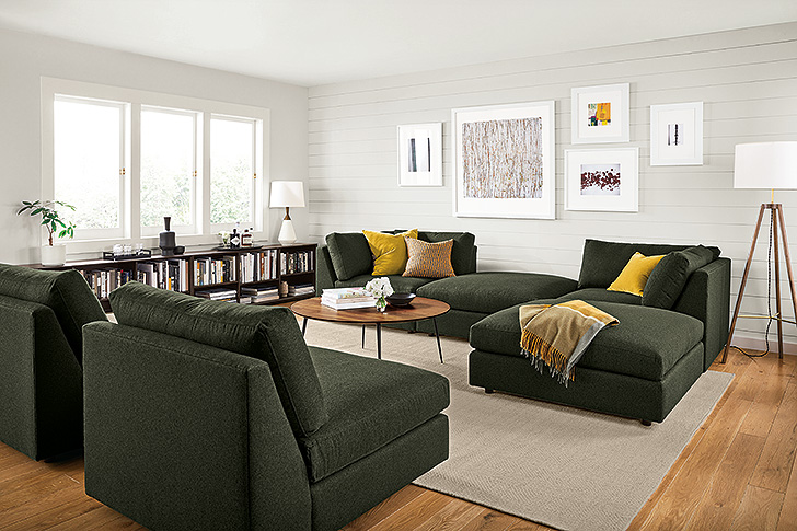Linger modular sectional with two armless chairs across