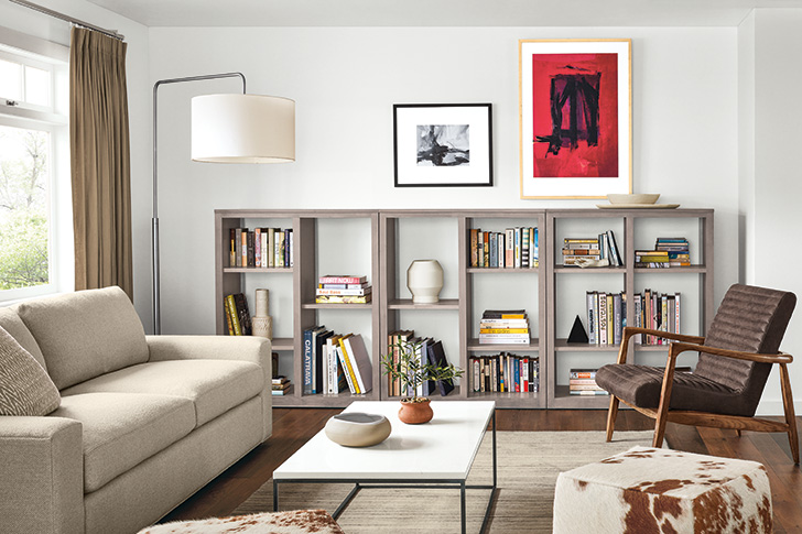 Custom Open-back Woodwind bookcases in modern living room
