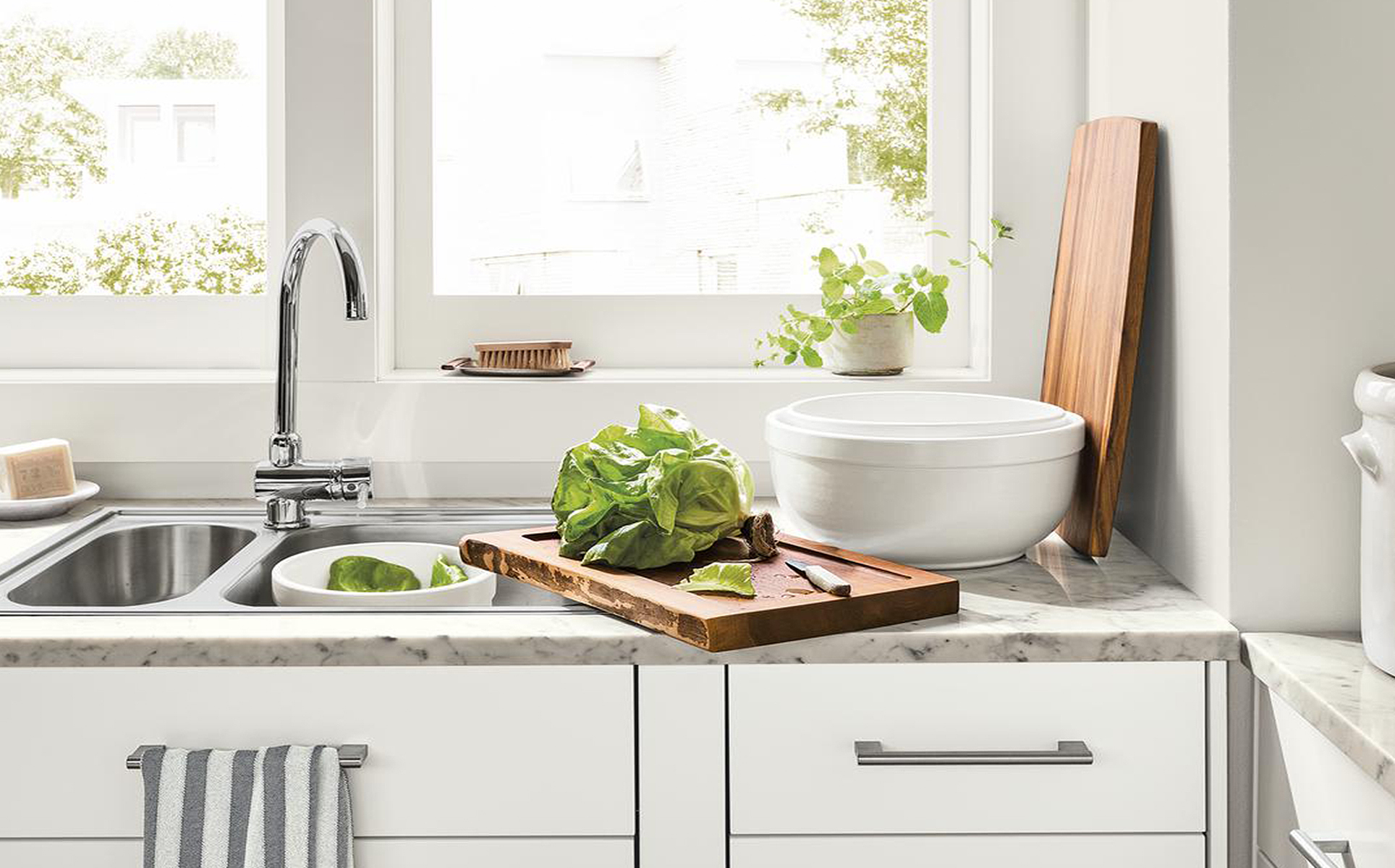 Cutting board on kitchen counter