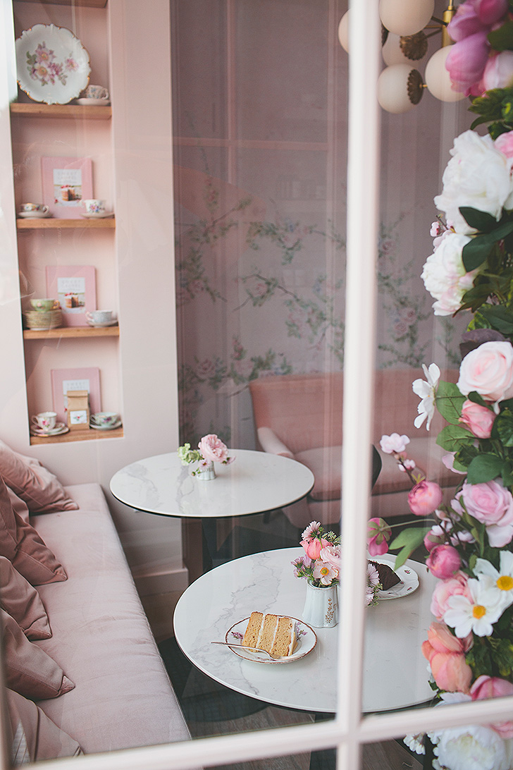 Interior shot of Sweet Laurel Bakery through the window