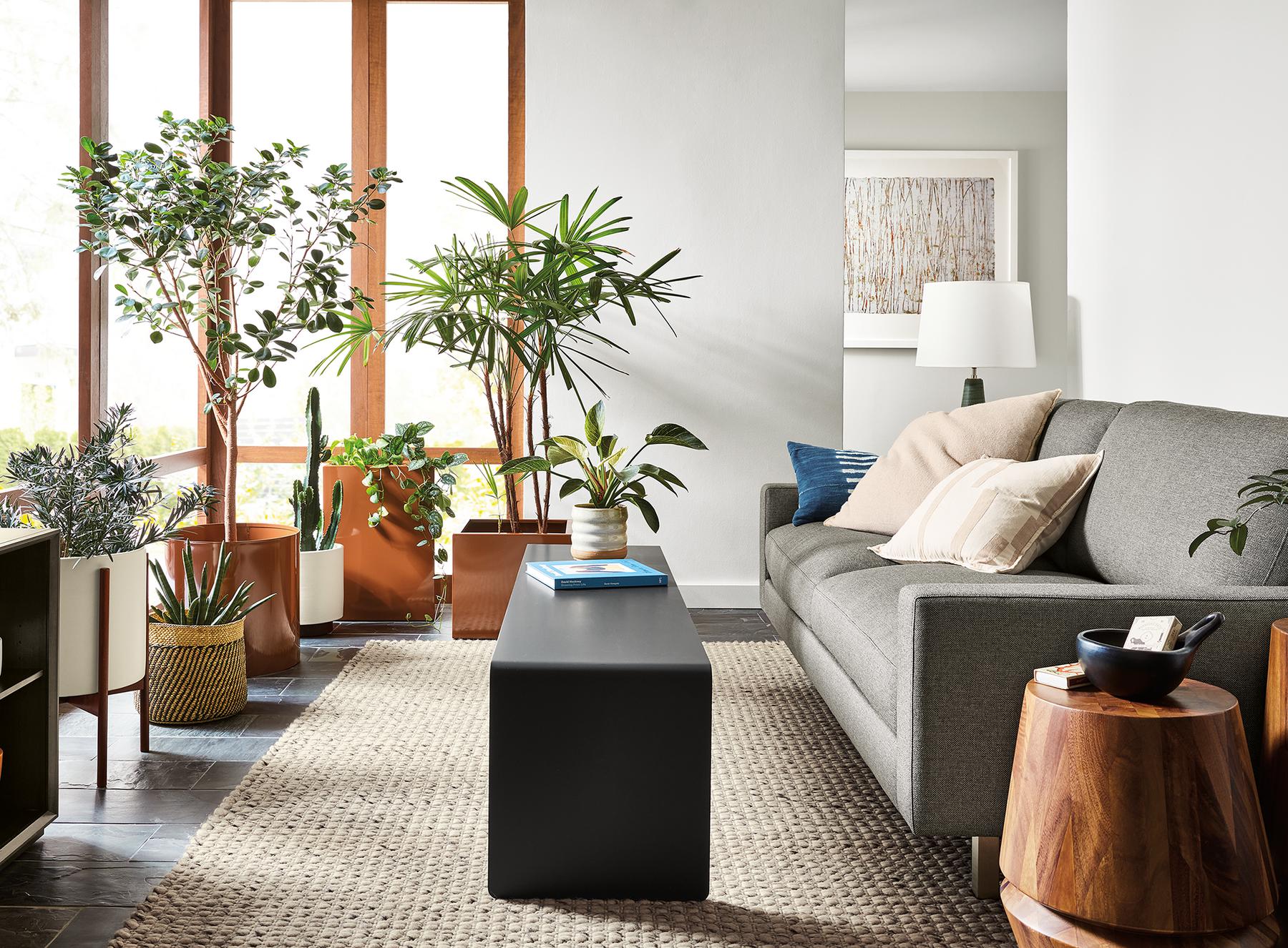 Room setting with Pierson 79-inch sofa with metal base and cooper 60-wode bench.