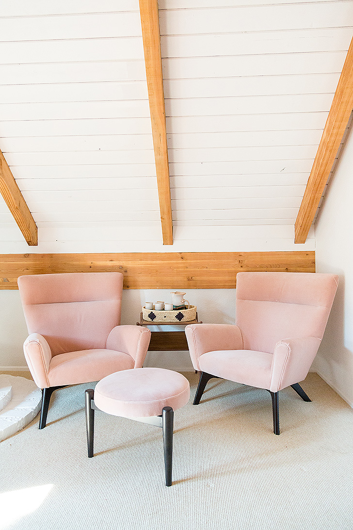 Pair of pink velvet lounge chairs