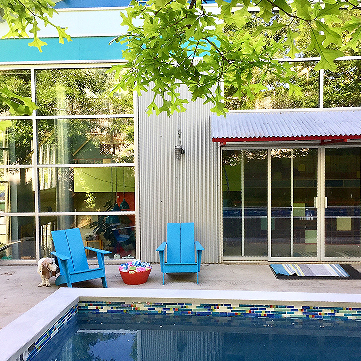 Blue outdoor chairs on patio