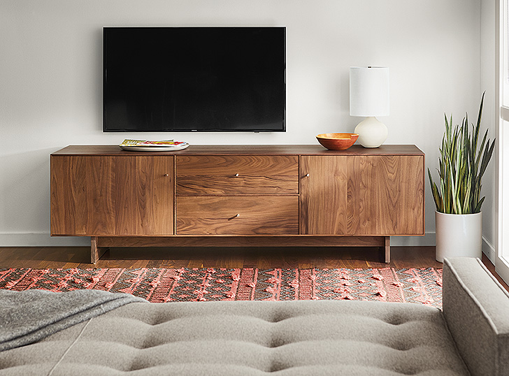 Detail of Hudson media cabinet in walnut